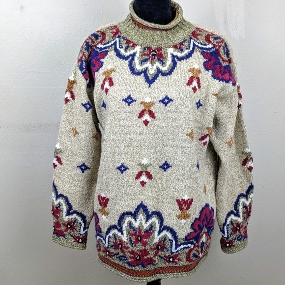 VTG Chunky Knit Mock Neck Wool Cottagecore Cozy Multi Pattern Sweater - Picture 1 of 7